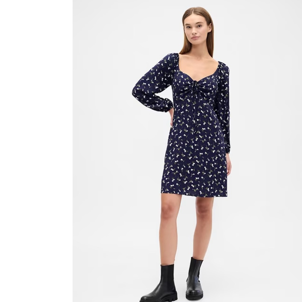 NWT GAP Floral Navy Babydoll Dress with Long Sleeves